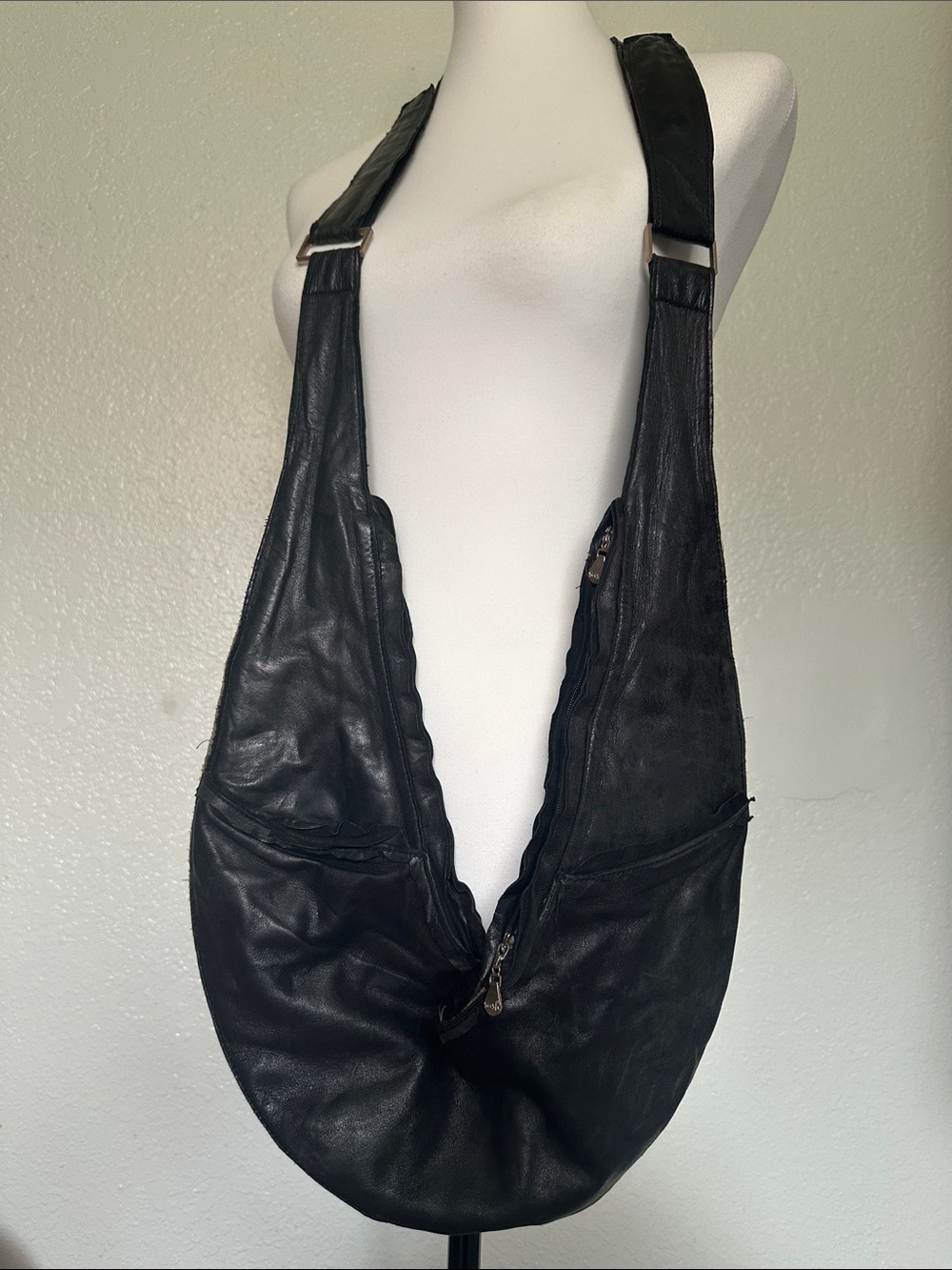 FINAL SALE SASH Black Genuine Leather Hobo Sling Bag Distressed Used